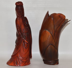 (2) CHINESE CARVED HORN, QUAN-YEN & LOTUS LEAF, 20TH C.