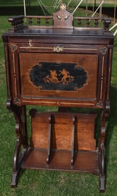 VICTORIAN BLACK WALNUT INLAID DROP FRONT DESK, 19TH C.