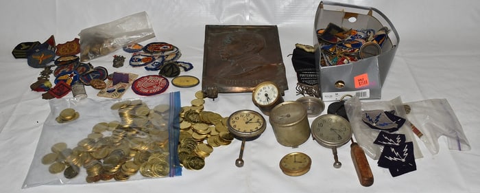 LOT ASSORTED VINTAGE CAR CLOCKS, GAS COINS PRESIDENTS