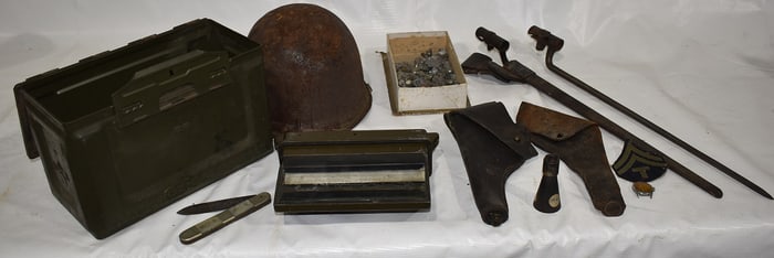 LOT ASST. MILITARY INCL. US HELMET, TANK GLASS, HOLSTER