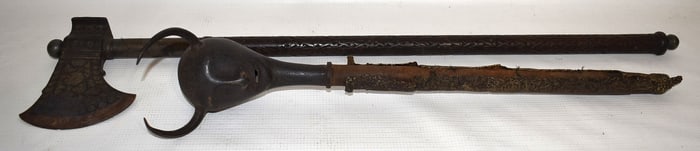 LOT (2) OTTOMAN EMPIRE DAMASCUS INLAID HATCHET/WAR CLUB