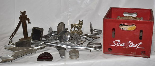 LOT ASST. VINT. CAR PARTS INCL. HOOD ORNAMENTS, C. 1940