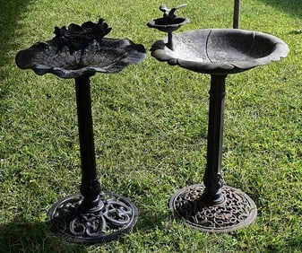 LOT (2) CAST IRON/ALUMINUM FIGURAL BIRD BATHS, 20TH C.