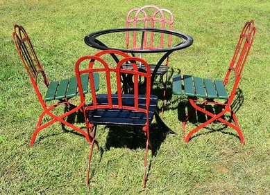 SET (5) ART DECO WROUGHT IRON PATIO SET, C. 1920