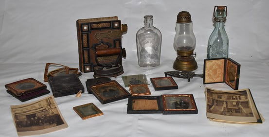 LOT ASSORTED CDV'S, TIN TYPES, SKATERS LAMP, BOTTLES