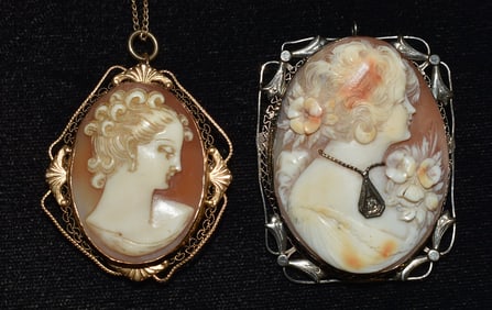 LOT (2) VICTORIAN/DECO 14KT WHITE/YELLOW GOLD CAMEOS