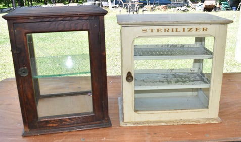 (2) CLASSICAL STYLE OAK/PAINTED  CURIO/DISPLAY CABINETS
