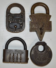 LOT (4) ASSORTED PAD LOCKS INCL. KEEN KUTTER, 20TH C.