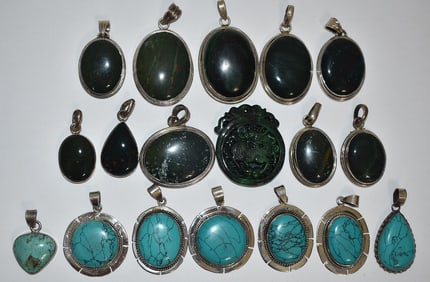 LOT ASST STERLING MOUNTED TURQUOISE/BLOODSTONE PENDANTS