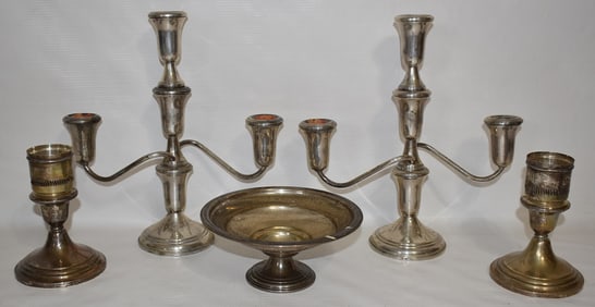 LOT (5) DECO WEIGHTED STERLING CANDLESTICKS/MINT DISH