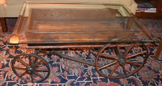 COUNTRY HIGH WHEEL CHILDS WAGON COFFEE TABLE, 19TH C.