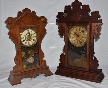 LOT (2) VICTORIAN WALNUT/OAK SHELF CLOCKS, 19TH C.