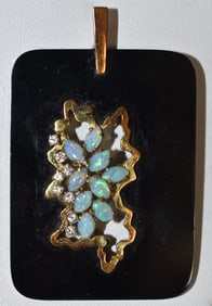 ART DECO 14KT YELLOW GOLD/DIAMOND/OPAL BAKELITE PENDANT