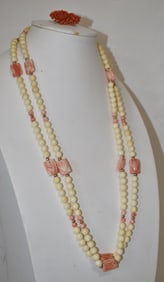 3 VINT. CORAL/BONE & 14KT YELLOW GOLD BROOCH/NECKLACES