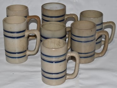 (7) WHITES UTICA SALT GLAZED STONEWARE MUGS, 19/20TH C.