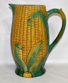 EARLY MAJOLICA CORN PATTERN PITCHER, 19TH C, H. 11 1/2"