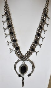 NAVAJO STERLING/ONYX SQUASH BLOSSOM NECKLACE SIGNED