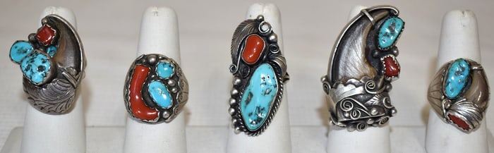 (5) SOUTHWEST AMERICAN INDIAN STERLING/TURQUOISE RINGS