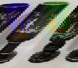 2 AUSTRIAN BIEDERMEIER GILT COBALT/EMERALD GOBLETS