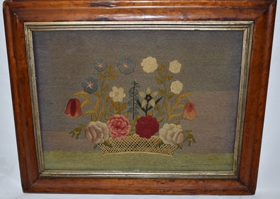 FOLK ART NEEDLEPOINT BASKET OF FLOWERS, 19TH C.