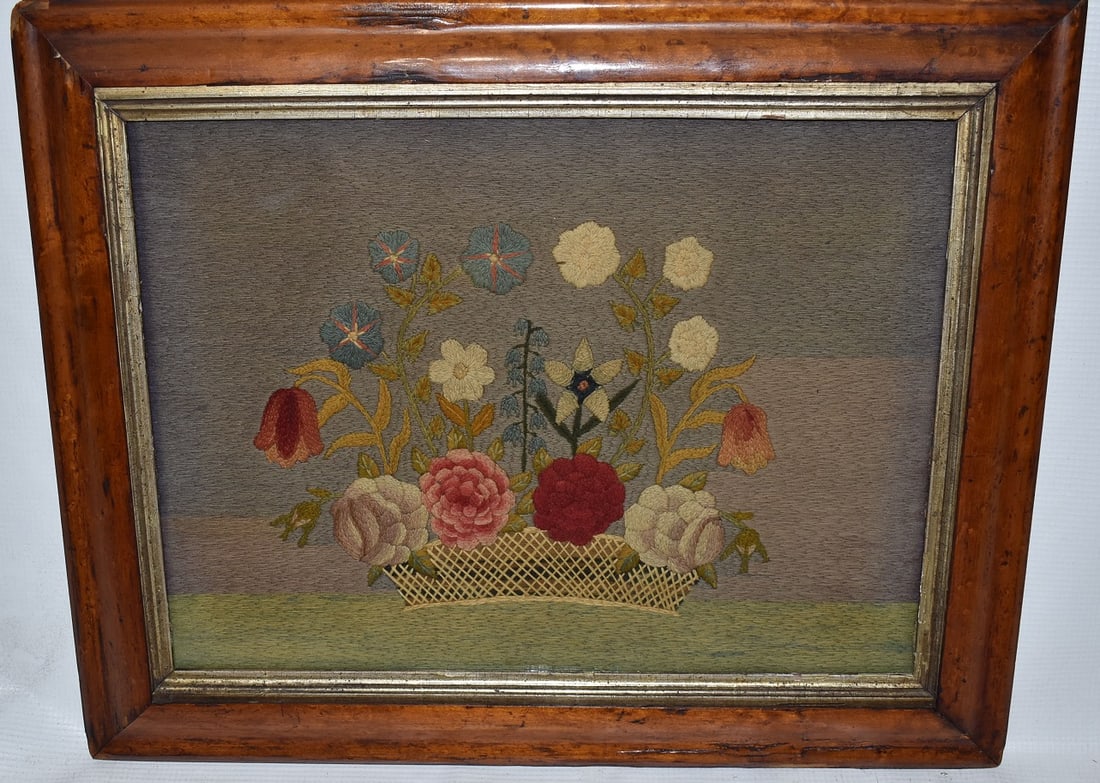 FOLK ART NEEDLEPOINT BASKET OF FLOWERS, 19TH C. (1 of 4)