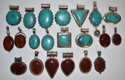 LOT ASST. STERLING MOUNTED TURQUOISE/CARNELIAN PENDANTS