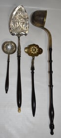 LOT 4 GERMAN SILVER CONDIMENT LADLES/SERVERS W/WALNUT