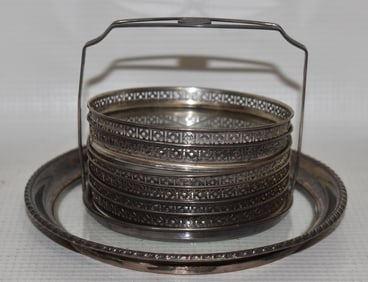 WALLACE STERLING WINE COASTERS W/RACK, C. 1960'S