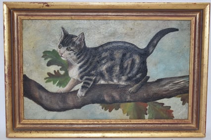 O/P CAT IN TREE UNSIGNED, 19TH C., 8" X 12"