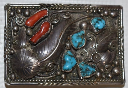 NAVAJO OLD PAWN STERLING/TURQUOISE MONEY CLIP, C. 1950