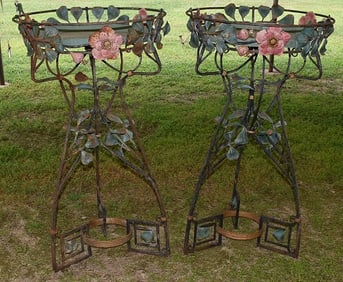 PAIR ART DECO PAINTED IRON PLANTERS W/FLORAL FOLIAGE