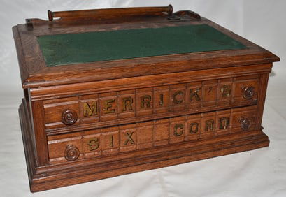 VICTORIAN OAK 2 DRAWER LIFT TOP SPOOL CABINET, 19TH C.