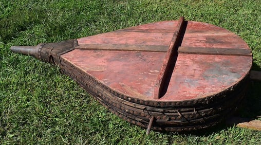 RARE PAINTED PINE BLACKSMITH BELLOWS, C. 1840/50