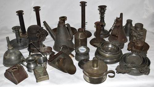 LOT ASST. PEWTER CANDLESTICKS/SUGAR SHAKER/PORRINGERS +