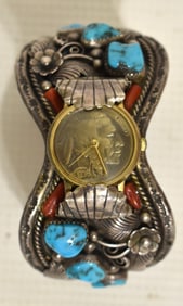 NAVAJO OLD PAWN STERLING/TURQUOISE WATCH BAND SIGNED