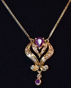 ART DECO 18KT YELLOW GOLD RUBY/DIAMOND NECKLACE