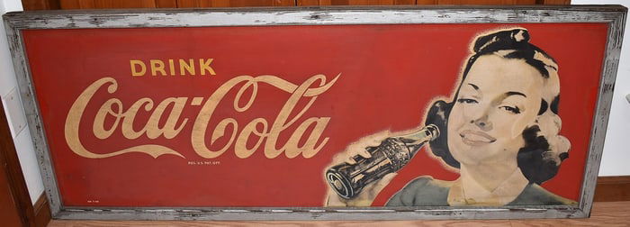 VINTAGE COCA-COLA LITHO TIN W/WOMAN SIGN, C. 1948