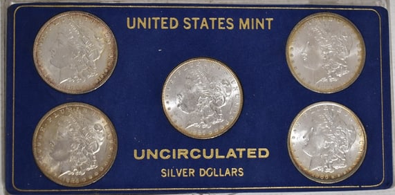 SET (5) US MORGAN SILVER DOLLARS, UNC, 19TH C.