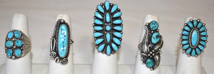 (5) SOUTHWEST AMERICAN INDIAN STERLING/TURQUOISE RINGS