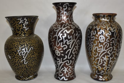 3 GRAFFITI ART GLASS VASES LAII OR KEITH HARING