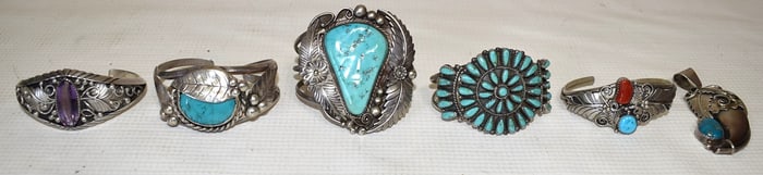 LOT (6) NAVAJO STERLING/TURQUOISE BRACELETS (SIGNED)