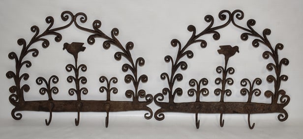 PAIR WROUGHT IRON BIRD/SCROLL HANGERS, H. 11" W. 14"
