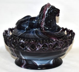 RARE IMPERIAL PURPLE SLAG GLASS RECLINING LION BASKET