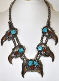 NAVAJO OLD PAWN STERLING/TURQ. SQUASH BLOSSOM NECKLACE