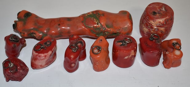 LOT ASST. CHINESE RED CORAL SCHOLARS BRANCH, PENDANTS +