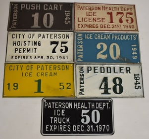 7 VINTAGE PATTERSON, NY VENDORS LICENSE PLATES/PERMITS