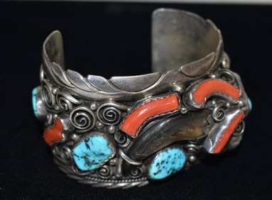 NAVAJO OLD PAWN STERLING/TURQUOISE CUFF BRACELET SIGNED