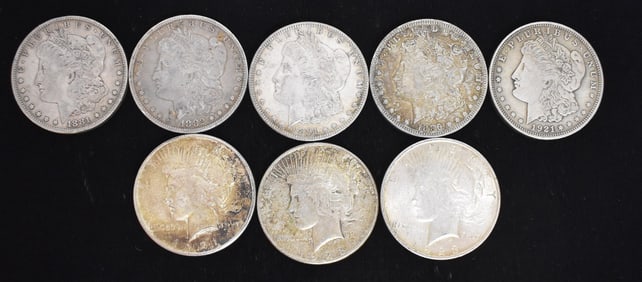 LOT (8) ASSORTED MORGAN/PEACE SILVER DOLLARS, 19/20TH C