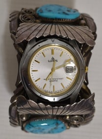 NAVAJO OLD PAWN STERLING/TURQUOISE WATCH BAND, C. 1950