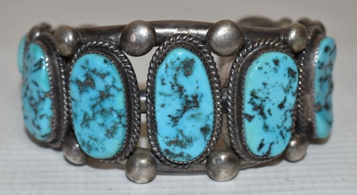 NAVAJO OLD PAWN STERLING/TURQUOISE CUFF BRACELET SIGNED